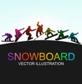 Snowboard, snowboarders, snowboarding extreme winter sport people silhouettes vector illustration, riding a board, tricks men Royalty Free Stock Photo